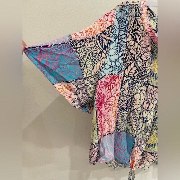 Chico’s Colorful Patchwork Blouse Boho Casual Coastal Button Up Short Sleeve - Picture 2 of 6